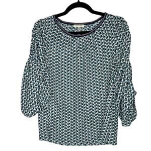 Max Studio Ruched Sleeve Chiffon Blouse Geometric Print Navy Ivory Size S